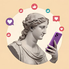 Classical statue holding a smartphone with social media icons floating around