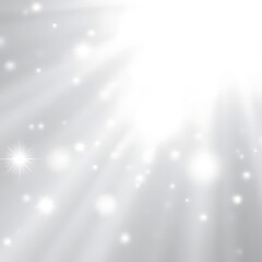 Abstract bright white light rays and sparkling bokeh effect on a subtle grey textured background