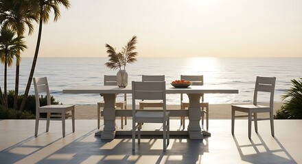 Fototapeta premium Outdoor dining table and chairs set on a patio overlooking the ocean at sunset
