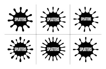 Six black ink splatters with the word 