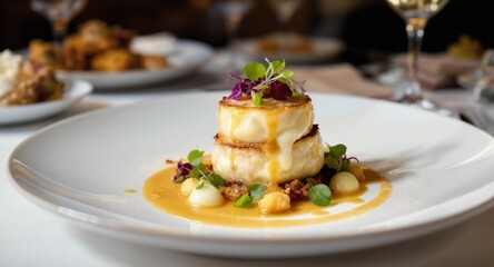 Plated dish stacked cakes drizzled in sauce, garnished with greens