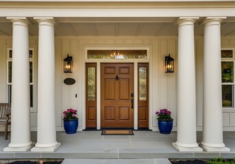 Elegant front entrance of a modern home featuring white pillars, a warm wooden door with decorative glass sidelights, and inviting outdoor lighting.