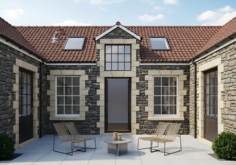 Charming stone courtyard home featuring a new paved patio area with contemporary outdoor seating and traditional architecture under a bright sky.