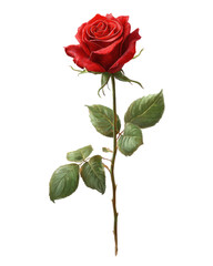 Single red rose with green leaves.  Detailed illustration of a vibrant,  deep red rose,  with delicate green leaves on a long stem.  The rose's petals are textured,