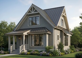 A charming modern gray Craftsman-style house featuring shingle and horizontal siding, a dark metal roof, and a welcoming front porch, surrounded by lush garden landscaping.
