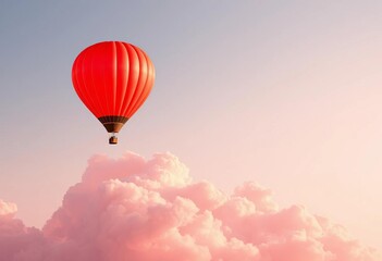 Bright red hot air balloon ascends above soft pink clouds; minimalist cheerful vector illustration, graphic, sunrise