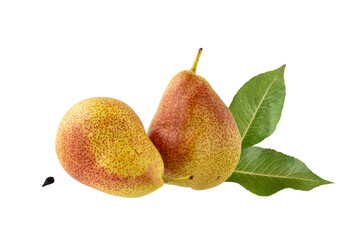 Two whole ripe red yellow pear fruits with green leaves  closeup isolated on white background. Healthy food.