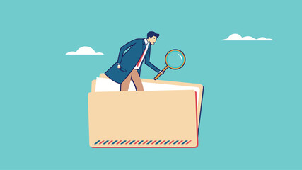Document, search or file archive, office contract concept, research papers or documentation files, company documents archive, businessman looking for files in a document file using a magnifying glass
