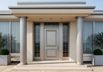 Elegant modern building facade with a grand entrance, featuring striking fluted columns, a stylish paneled door, and large windows, enhanced by manicured plants.