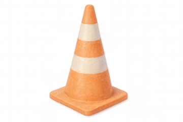 Orange traffic cone with reflective white stripes, standing on transparent surface, highlighting roadway safety equipment