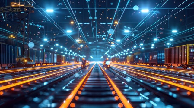 Futuristic railway scene with glowing tracks containers and trains