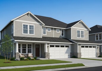 Beautiful new construction home featuring gray shingle and plank siding, a spacious front porch, and meticulously landscaped yard. Perfect curb appeal.