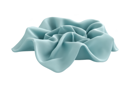 Abstract 3D render of soft, flowing fabric in a light blue color. The fabric ripples and folds