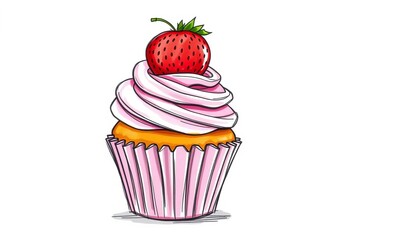 Whimsical sketch of a cupcake with swirled frosting and a strawberry on top,  sweet,  delicious