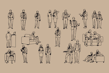 Collection of hand drawn figures in various poses on a textured background