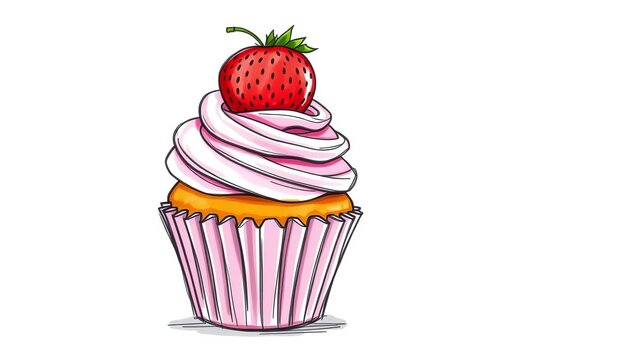 Whimsical sketch of a cupcake with swirled frosting and a strawberry on top, sweet, delicious - Powered by Adobe