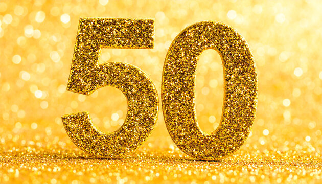 Number 50 made of golden glitter, sparkling festive vibe. Celebration symbol.