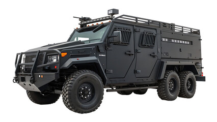 A heavily armored tactical vehicle designed for law enforcement and military operations, isolated on transparent background, providing maximum protection and security