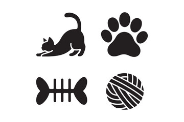 Adorable black cat stretch paw print fishbone and yarn ball icons for pet lovers