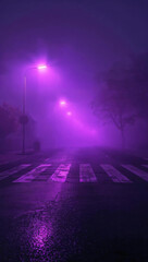 Misty Purple Night Street with Neon Lights and Crosswalk background