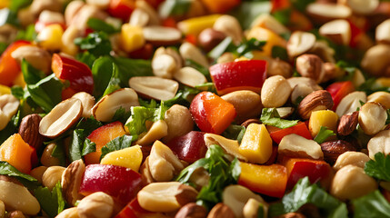 A colorful salad with nuts, peppers, and herbs. Healthy eating close-up.
