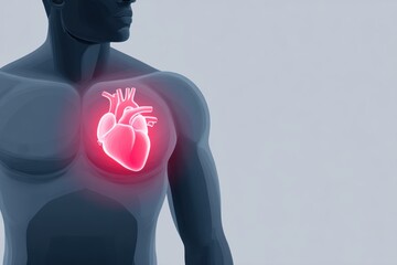 Anatomical illustration of a human torso with a glowing heart symbolizing vitality, health, and the importance of cardiovascular wellness in a modern medical context
