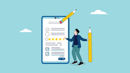 Online survey questionnaire, comments or criticism and suggestions, answer questions online, customer feedback list for evaluation, man with pencil finish online survey questionnaire on smartphone

