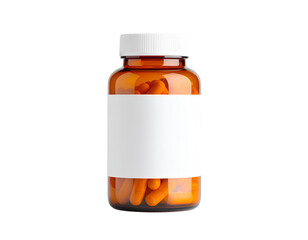 Orange pills-filled bottle with a blank white label  isolated on a transparent background.
