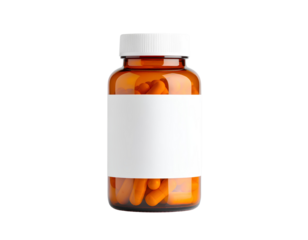 Orange pills-filled bottle with a blank white label  isolated on a transparent background.