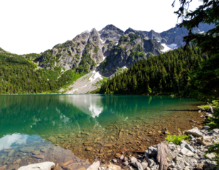 mountain lake landscape with forest and reflections