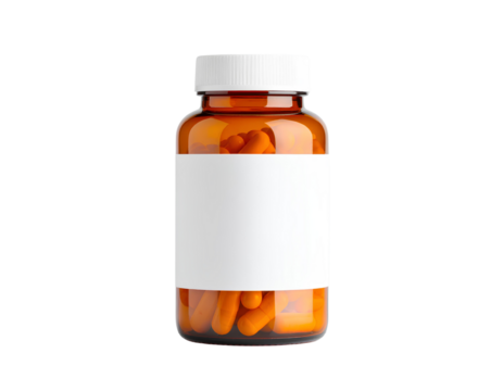 Orange pills-filled bottle with a blank white label  isolated on a transparent background.