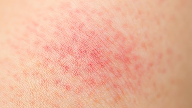Close-up Detailed Texture of Red, Irritated Skin Showing Petechiae and Possible Allergic Reaction or Rash.
