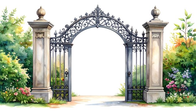 Ornate, wrought-iron gates open to a lush, landscaped garden.
