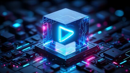Futuristic glowing cube with a neon play button symbol inside set against a backdrop of intricate circuit board technology with vibrant blue and pink digital lights