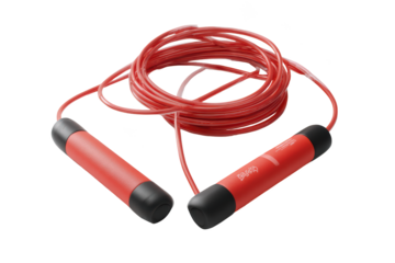 Red jump rope for fitness and cardio, coiled against a black background
