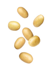 Fresh raw potatoes falling on white background