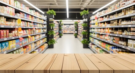 Fototapeta premium Empty wooden table in front of supermarket shelves with various products