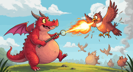 A Ferocious Red Dragon Wielding a Magical Staff Unleashes a Torrent of Fiery Breath Upon a Terrified Bird Mid-Flight While Other Birds Scatter in Panic Across a Lush Green Meadow Under a Bright Blue S