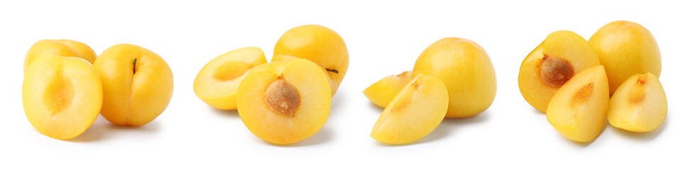 Fresh ripe cherry plums isolated on white, set