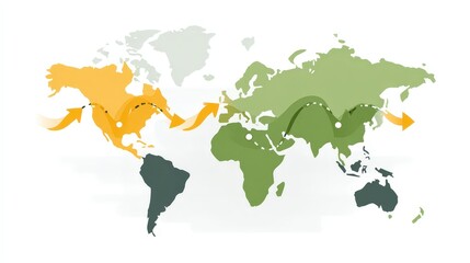 Obraz premium Simplified Flat Design Chart with Arrows Connecting Continents and Regions for Visualization