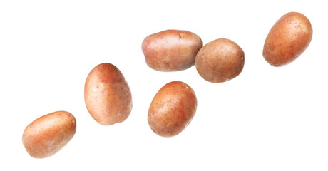 Fresh raw potatoes flying on white background