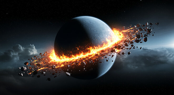 Massive alien planet with a ring of fire and debris exploding around its equator in deep space
