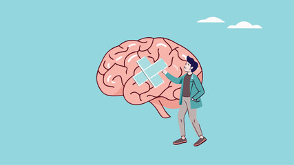 businessman treats Human Brain With Adhesive Plaster, businessman placing bandage on injury, healing or relaxation of the mind
