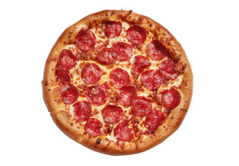 High-angle view of a round pizza topped with pepperoni and melted cheese.  The crust is golden brown, and the pepperoni slices are evenly distributed over the cheese