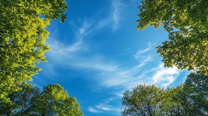 Obraz premium Looking Up Through Green Tree Canopy at a Blue Sky with Wispy Clouds image photo