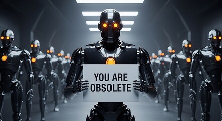 Futuristic Robot Army Holding Sign Declaring Obsolescence in Dark Metallic Corridor