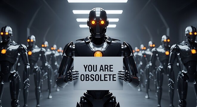 Futuristic Robot Army Holding Sign Declaring Obsolescence in Dark Metallic Corridor