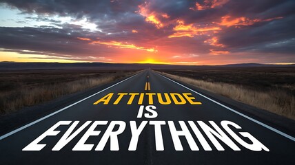 Inspirational message Attitude is Everything on a scenic highway at sunset promising a bright future