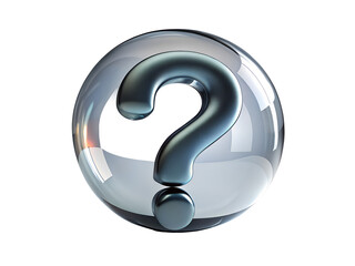 3d illustration of a metallic question mark inside a transparent sphere, isolated on transparent background, symbolizing uncertainty and the need for answers