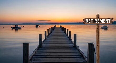 Fototapeta premium Retirement wooden sign on a peaceful lake with boats at sunset time